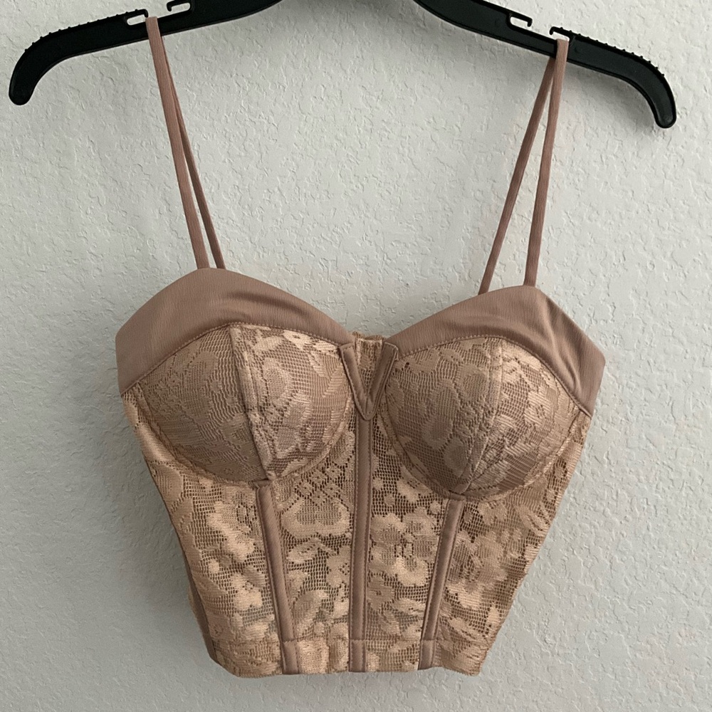 VM Women Cream Beige Floral Lace Bustier Corset Crop Tube Tank Cami Top